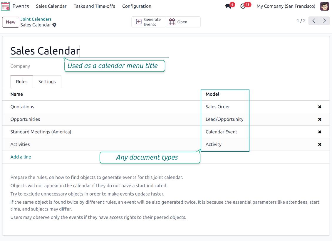 Shared calendar: combine various events
