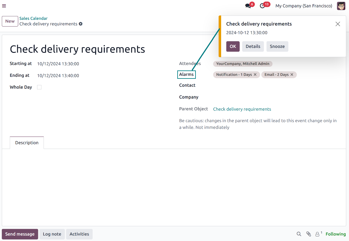 Popups and email alarms for Odoo objects