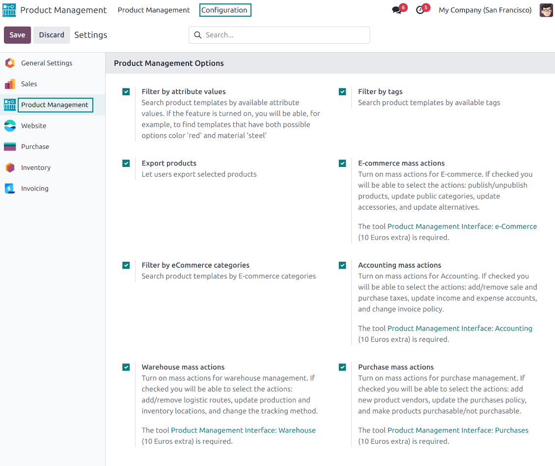 Product management optional features