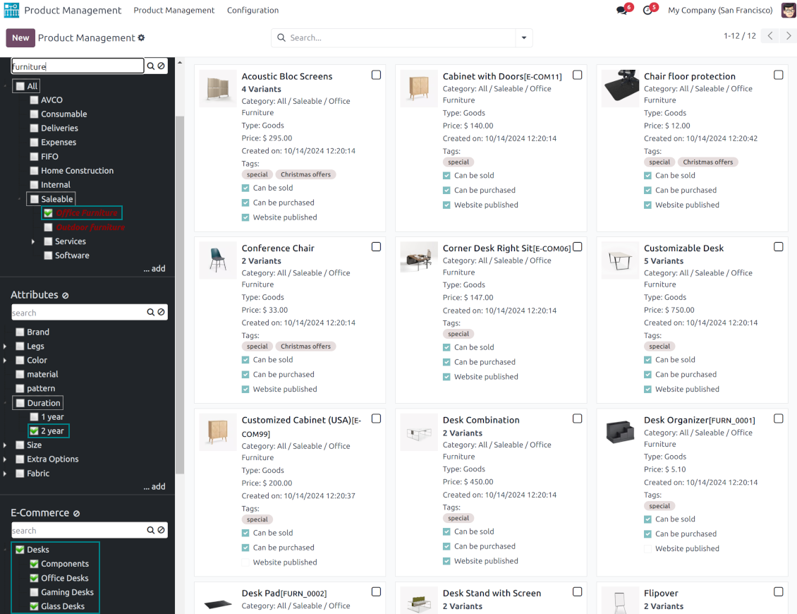 Odoo product management: search and bulk update