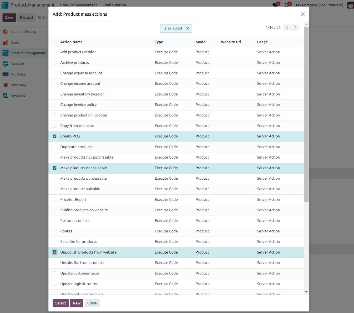 List of actions for product management