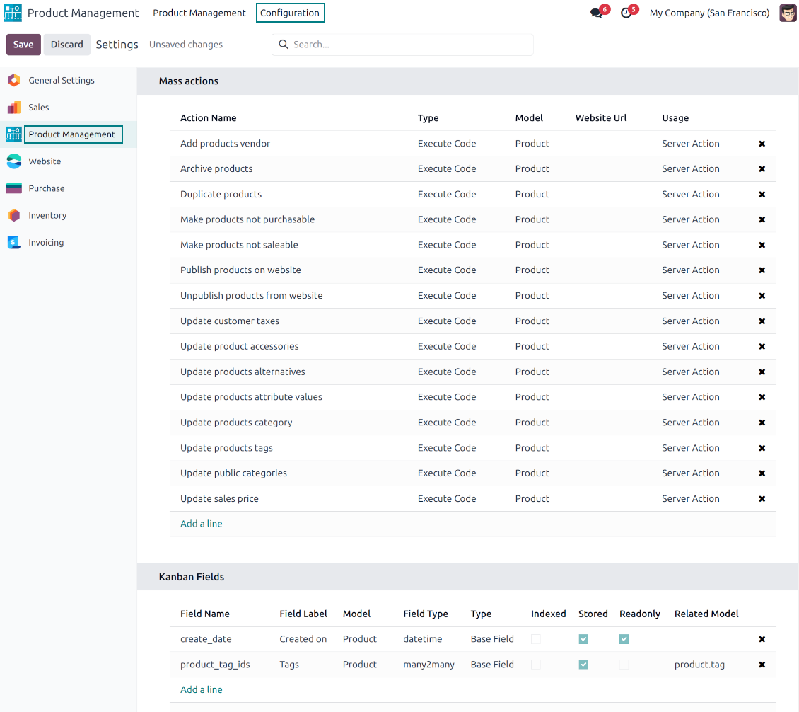 Set up mass actions and fields for product templates