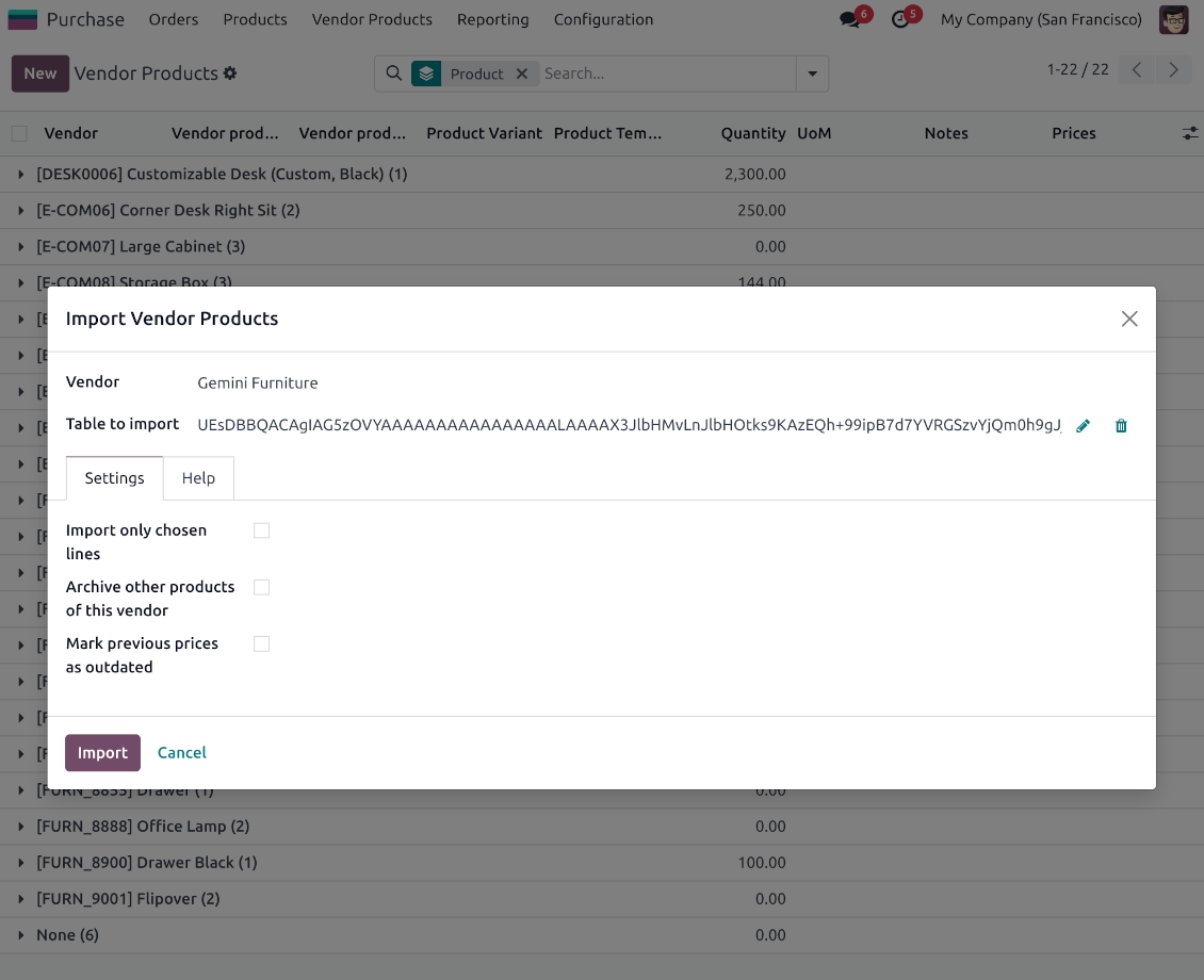 The wizard to import supplier products and prices