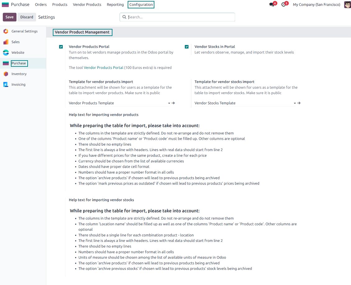 Vendor import settings