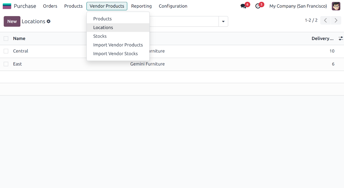 The list of Odoo supplier locations