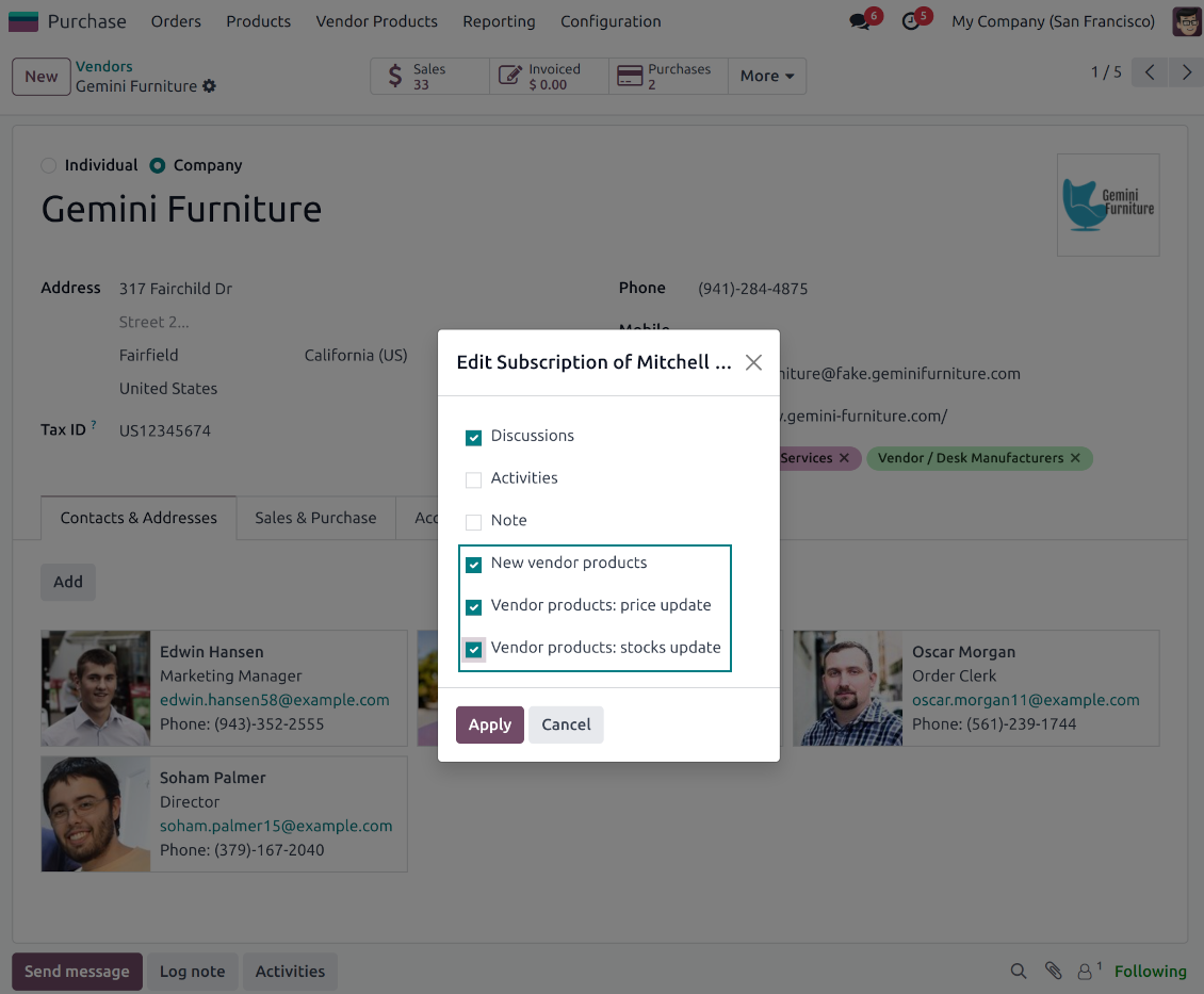 Odoo vendor product-related subscriptions