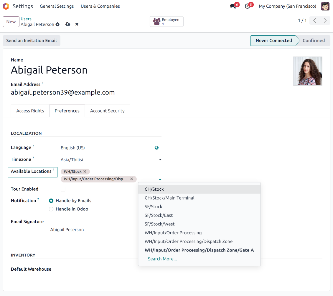 Available Odoo locations on a user form