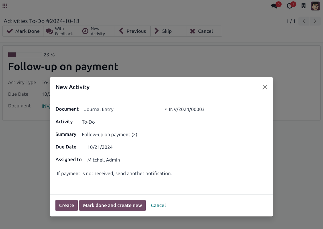 Odoo activities: create right from the to-do interface