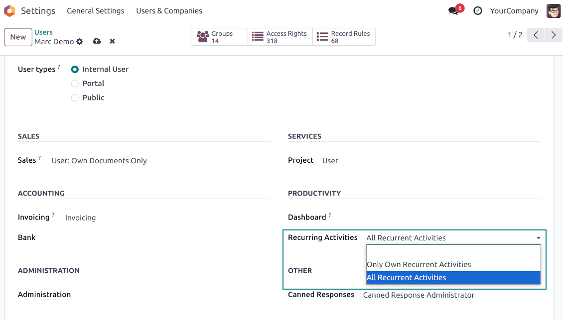Odoo user rights for repetitive activities