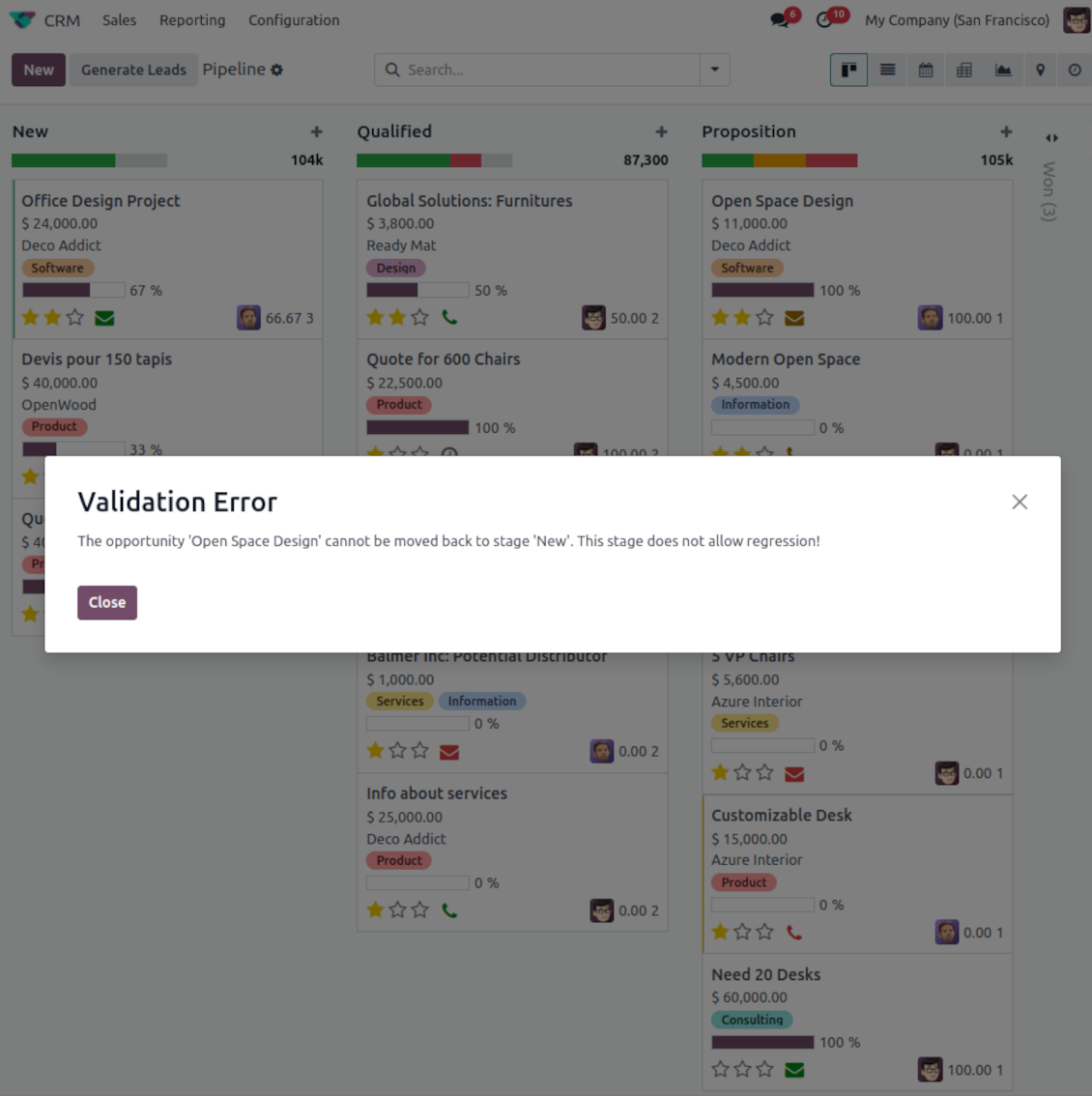 CRM warning: moving back is restricted