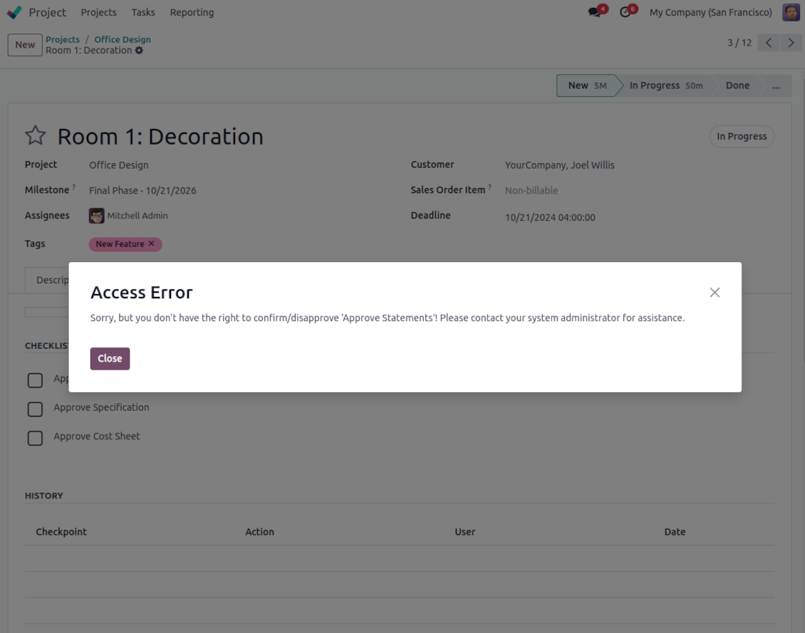 User groups per Odoo task checkpoint