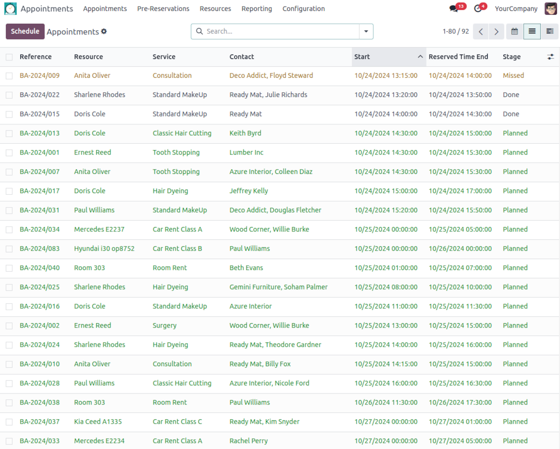 Bookings: Odoo list view