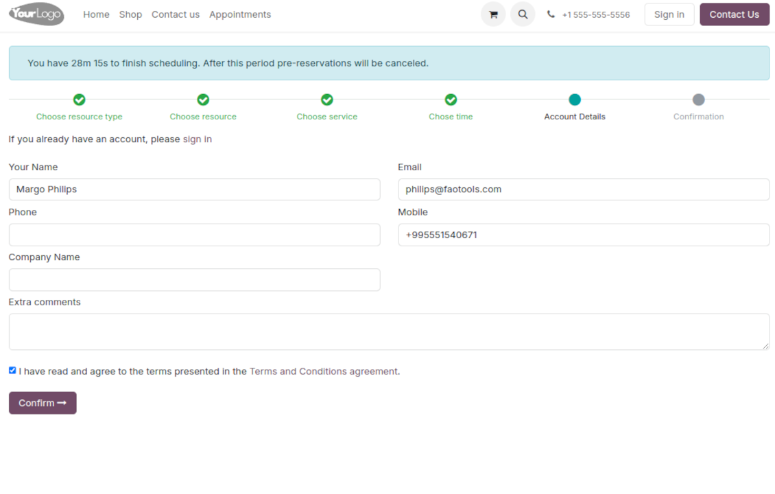 Odoo reservation contact details