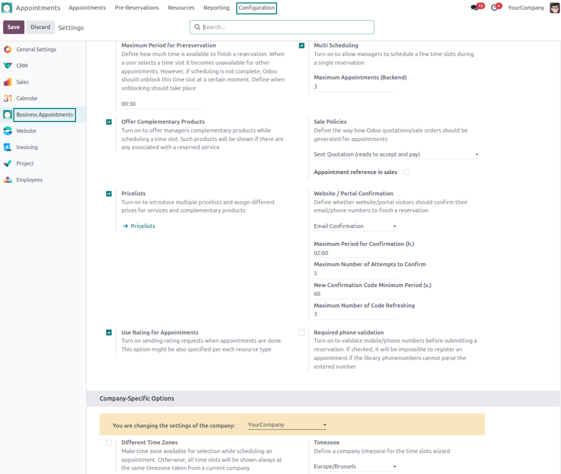 Configuration page: main options