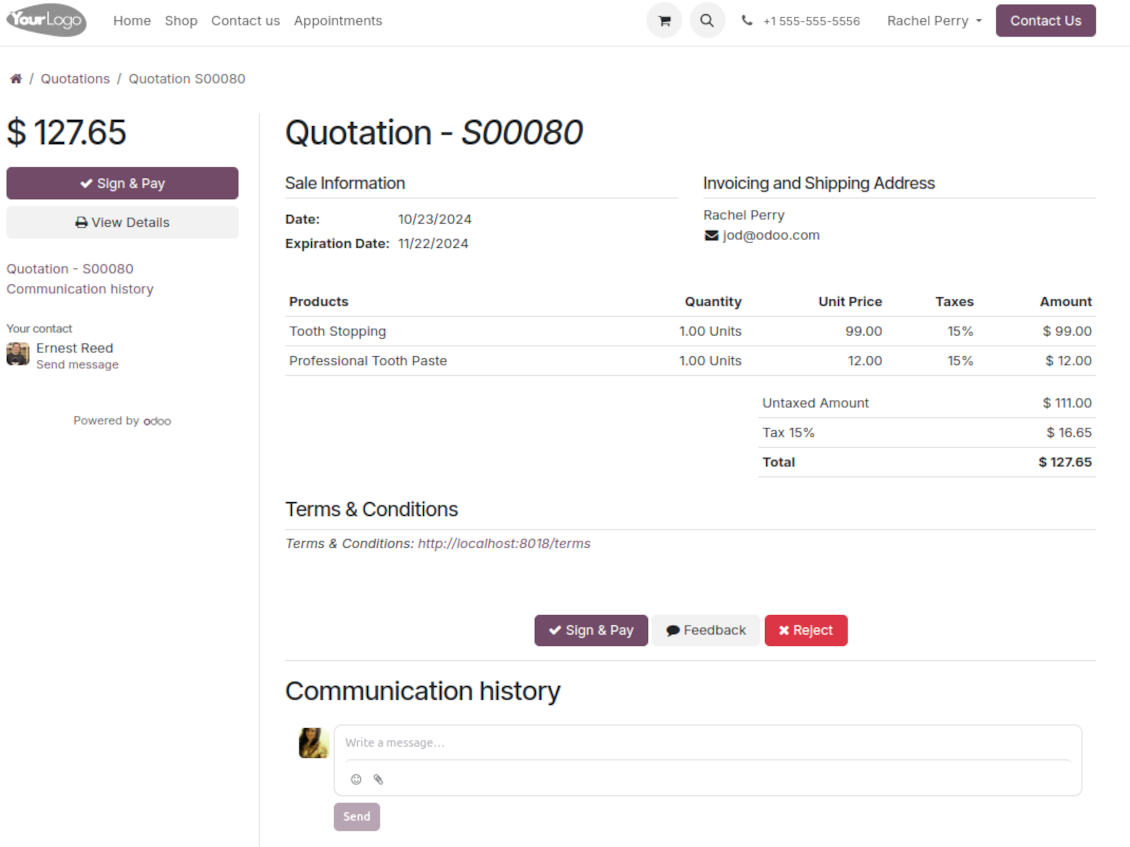 Service sales order in Odoo's portal
