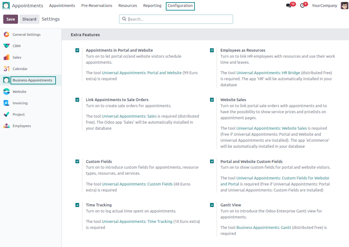 Configuration page: Odoo extra add-ons