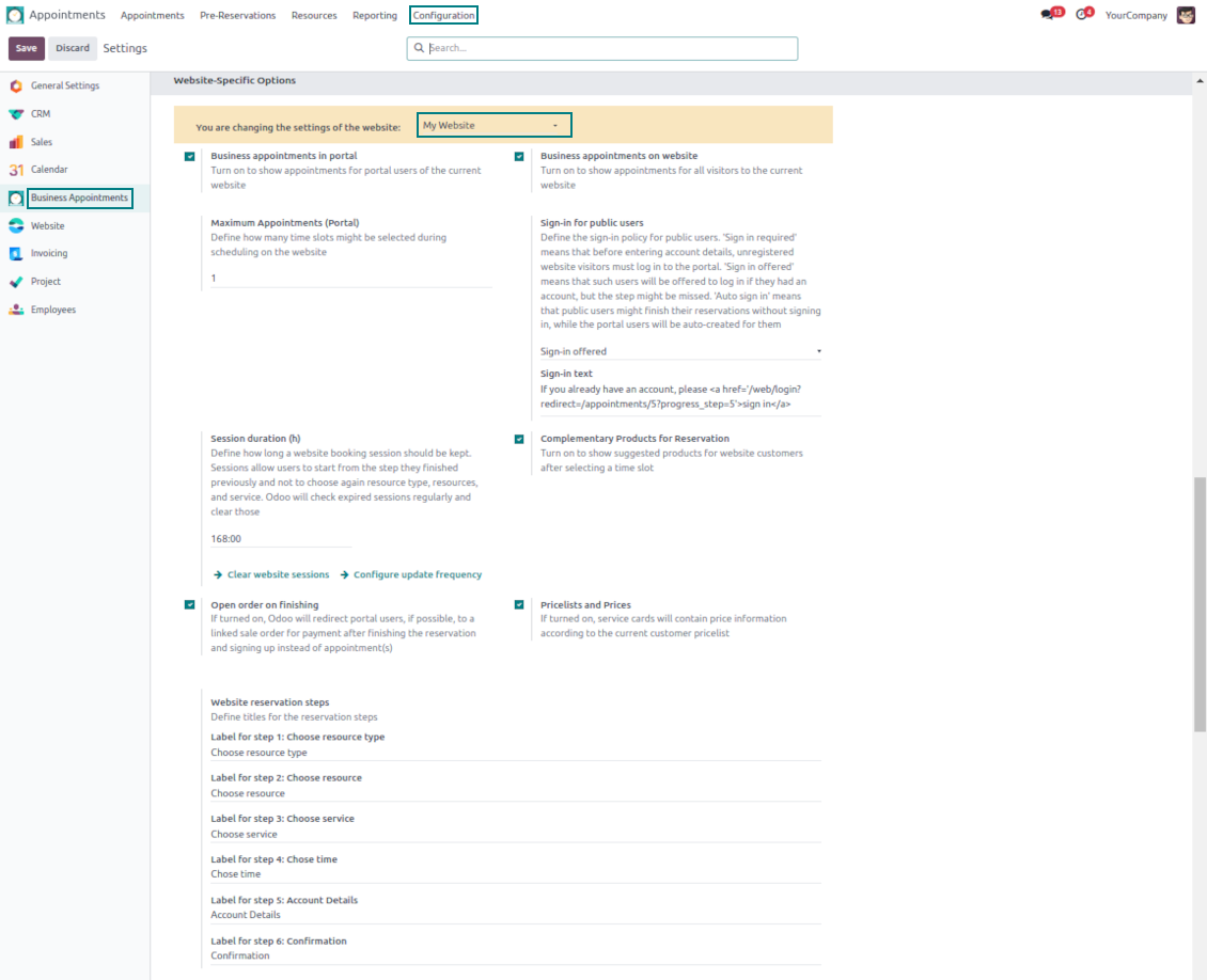 The configuration page: Odoo website-specific options (part 1)