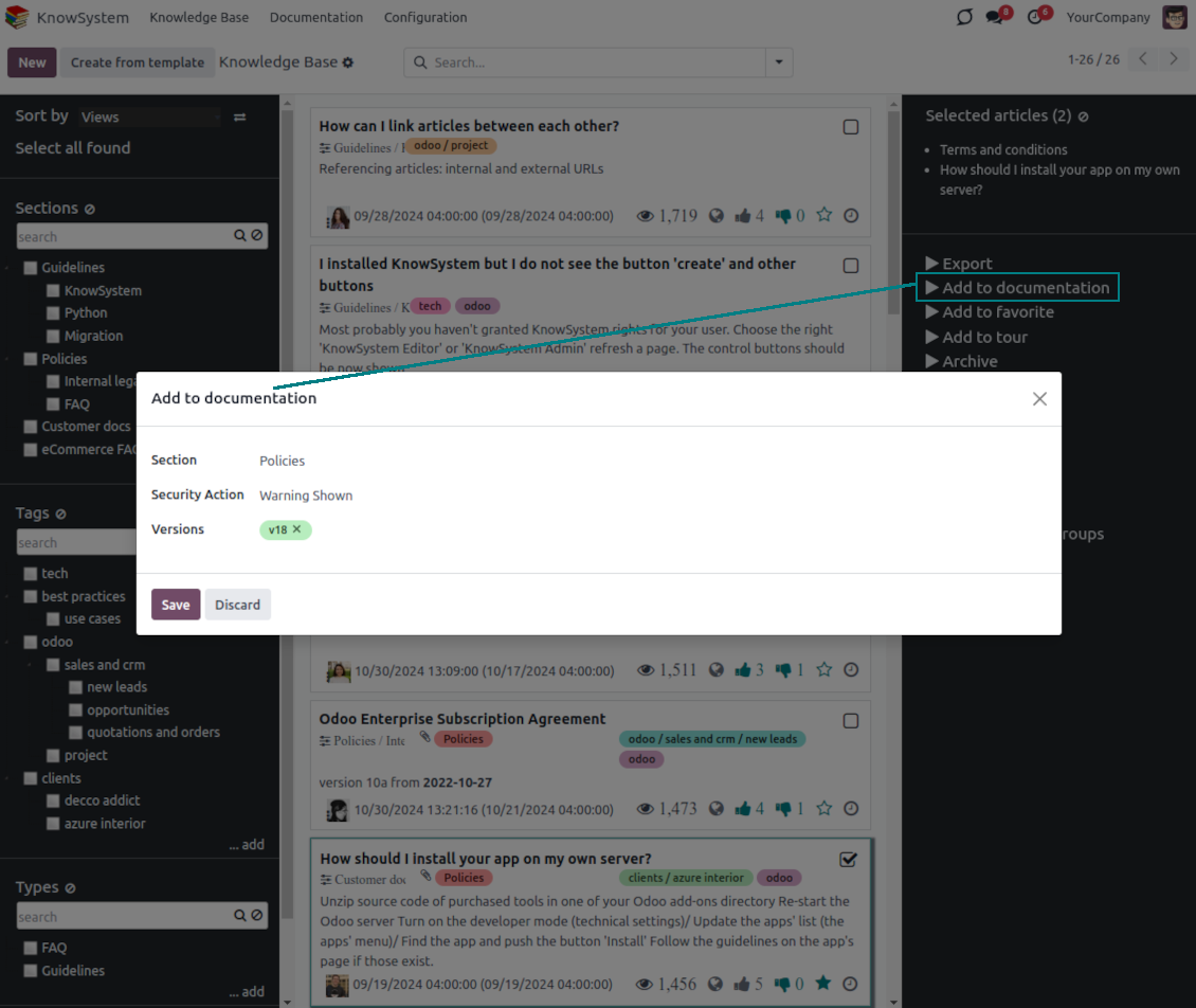 KnowSystem articles: mass adding to documentation