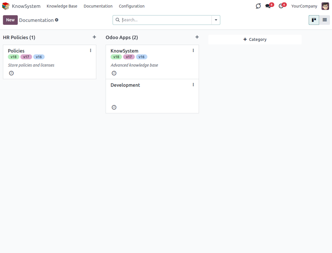 Backend view of Odoo knowledge documentation