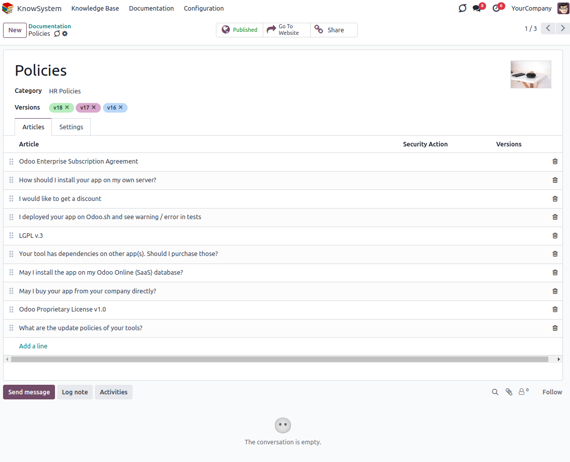 Documentation section settings