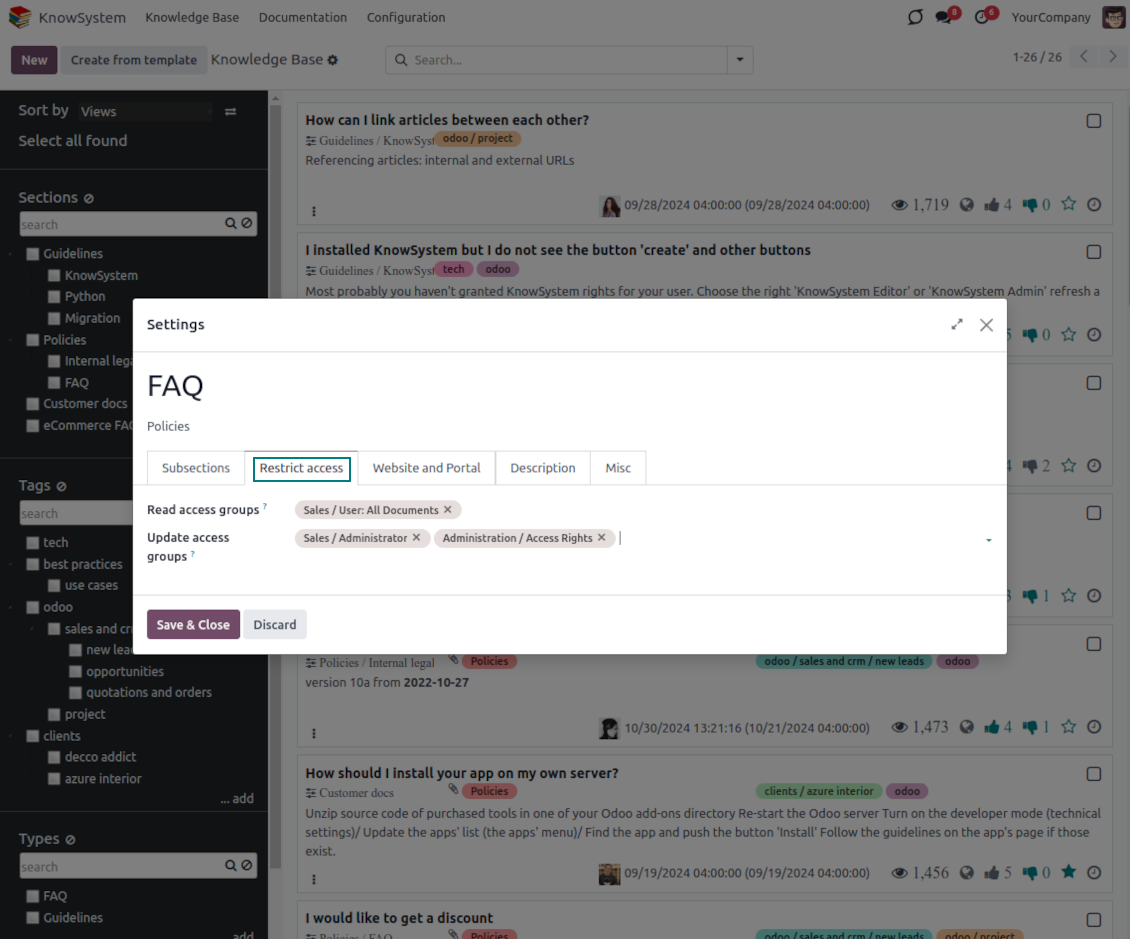Odoo knowledge base system: sections