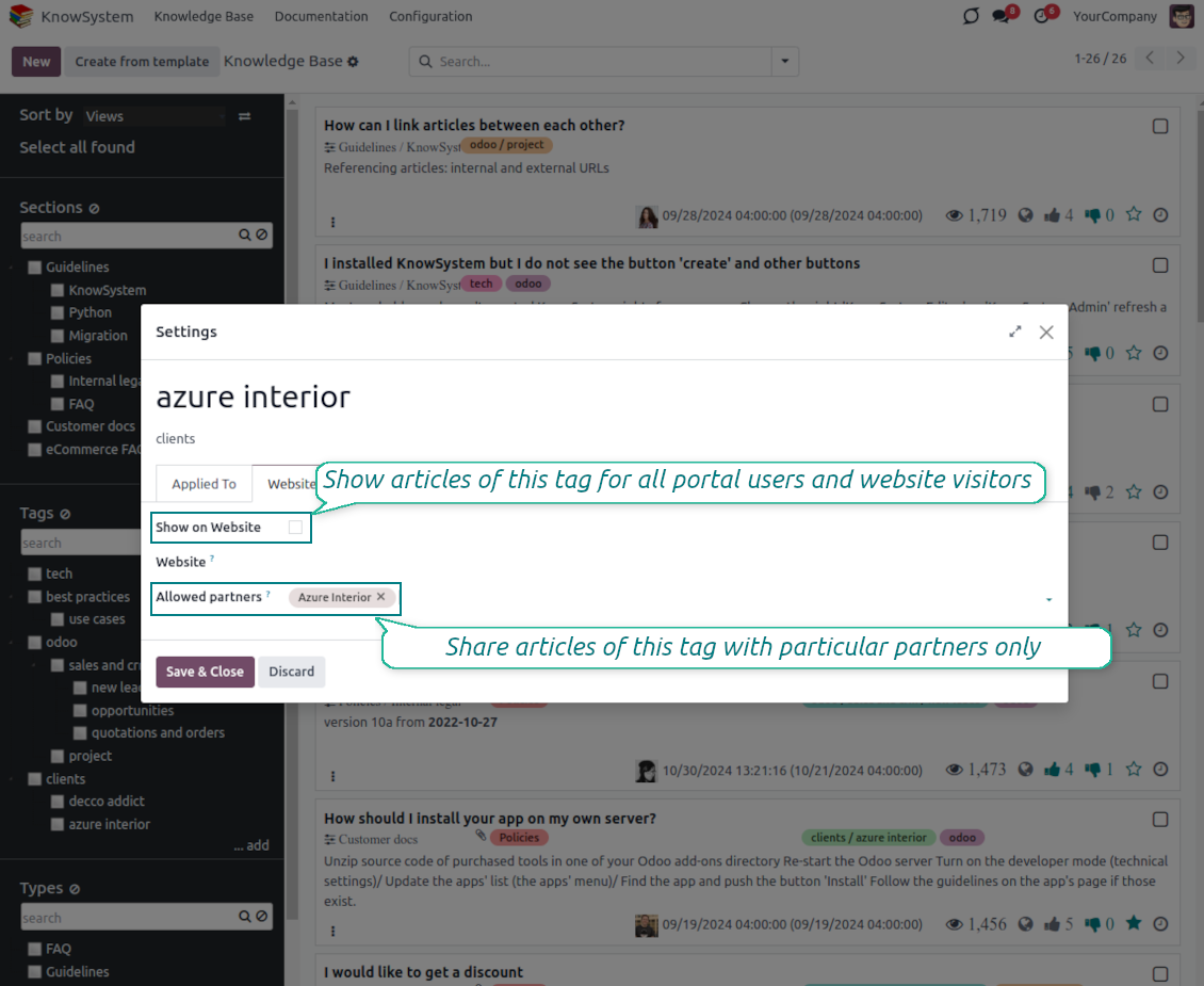 Odoo KnowSystem tags and portal access