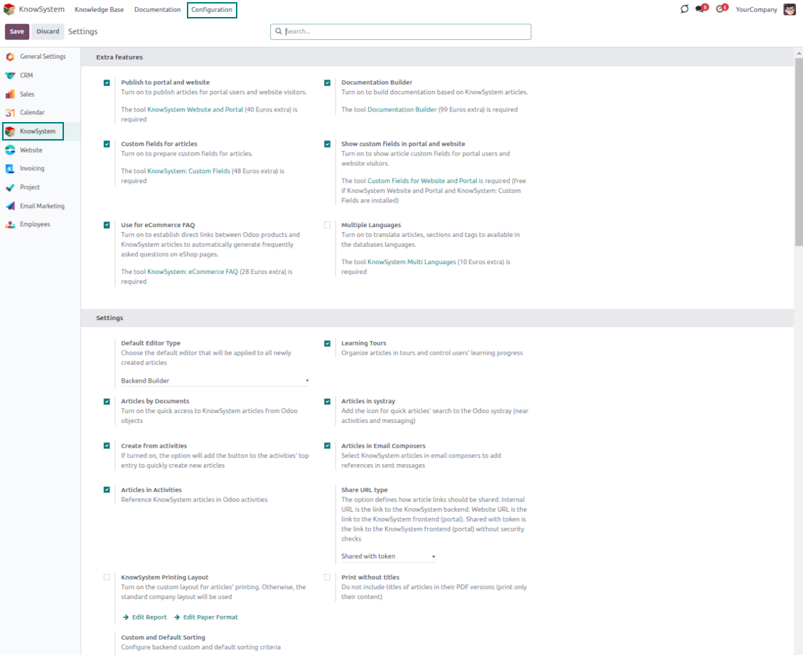 Odoo knowledge base settings