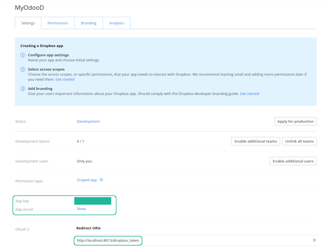 Dropbox app settings