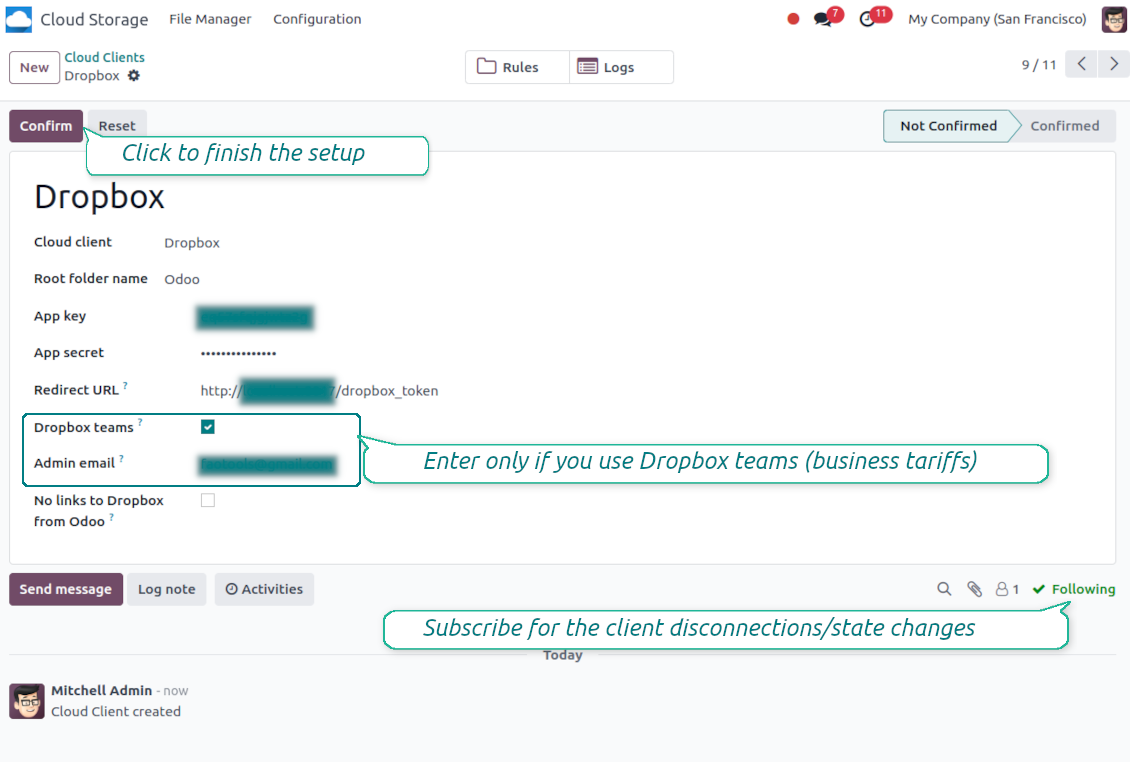 Odoo Dropbox settings