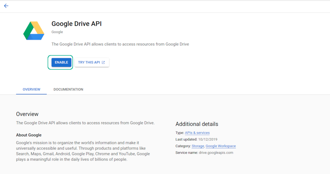 Enabling Google Drive API