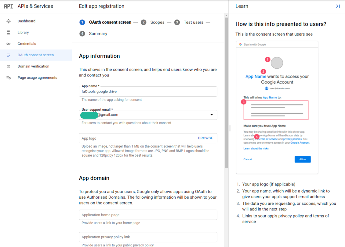 Entering Google app details