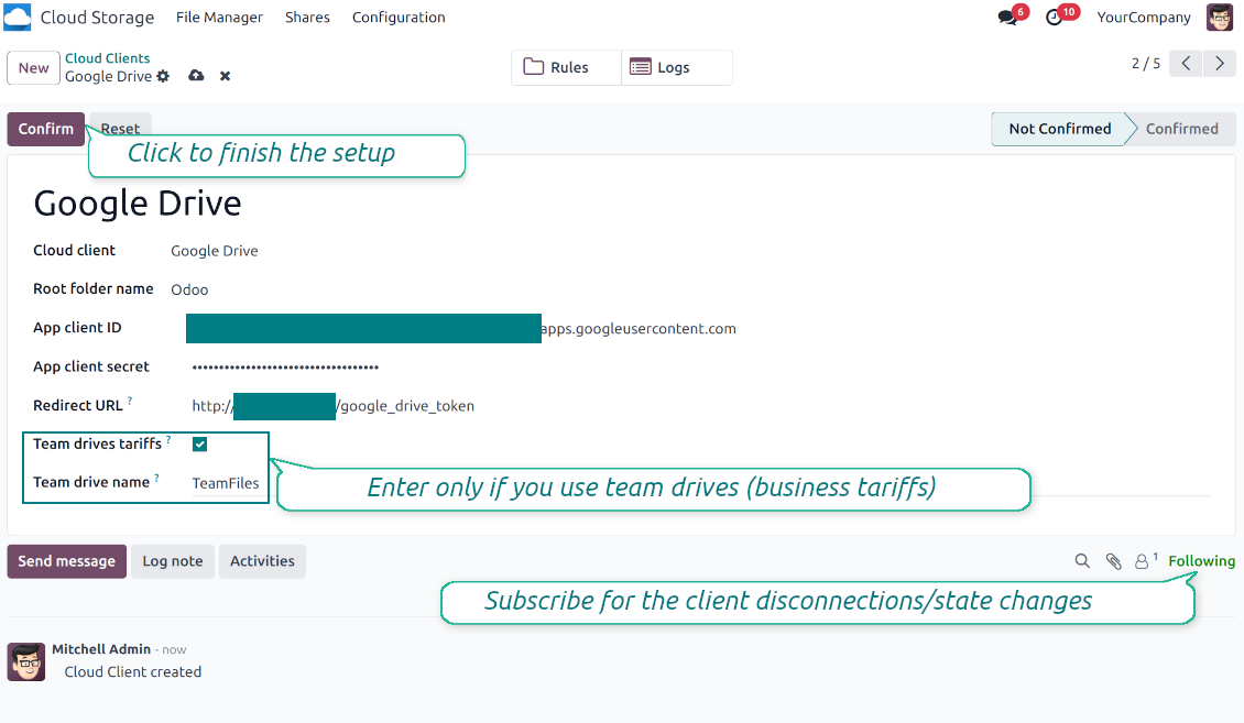 Google app credentials in Odoo