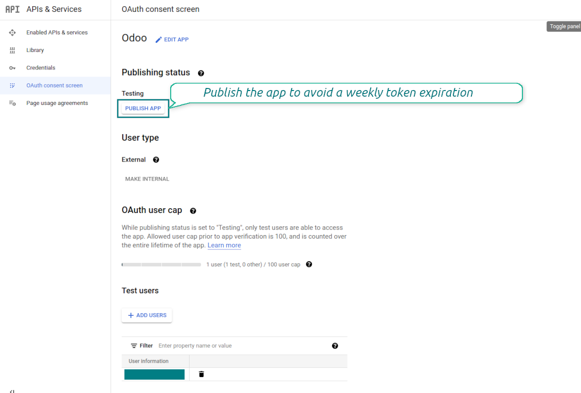 Publishing the Google API app