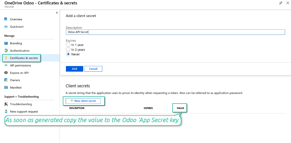 Odoo new OneDrive / SharePoint secret