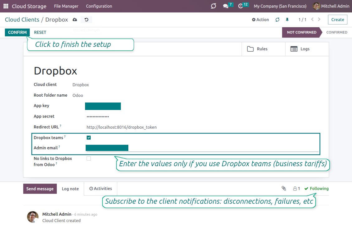 Odoo Dropbox settings