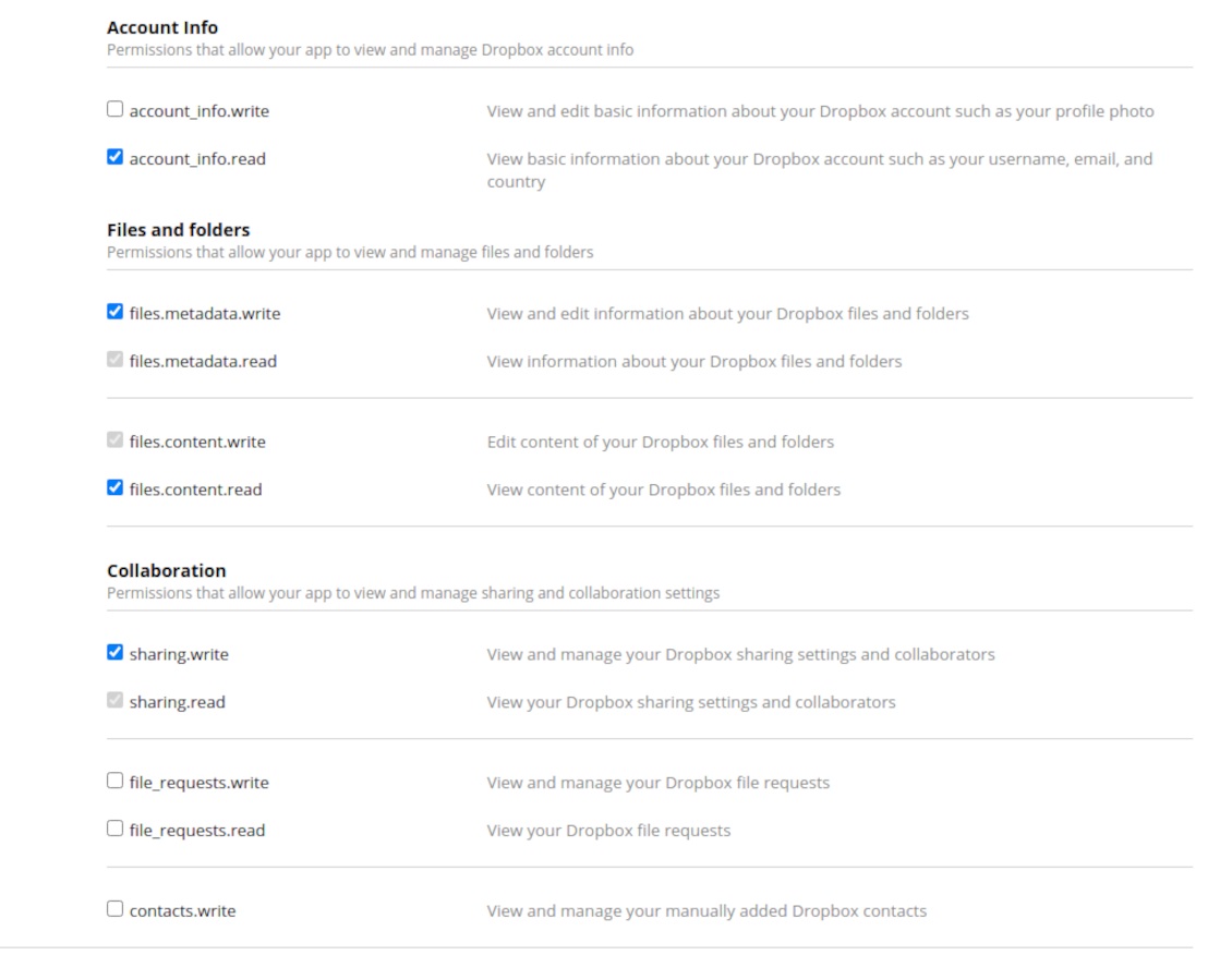 Odoo Dropbox app personal permissions