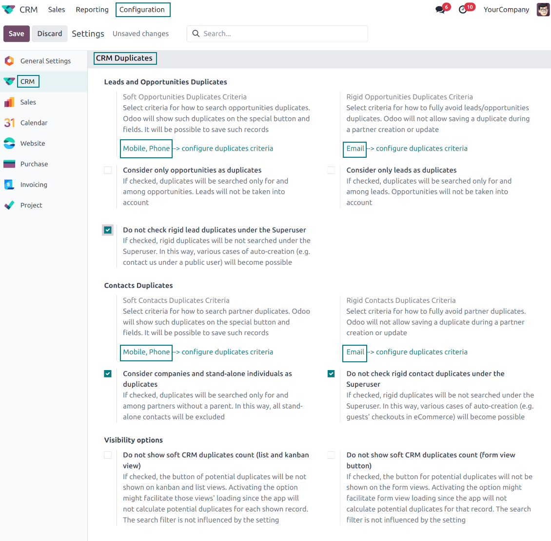 Odoo: configure soft and rigid criteria to search for duplicates