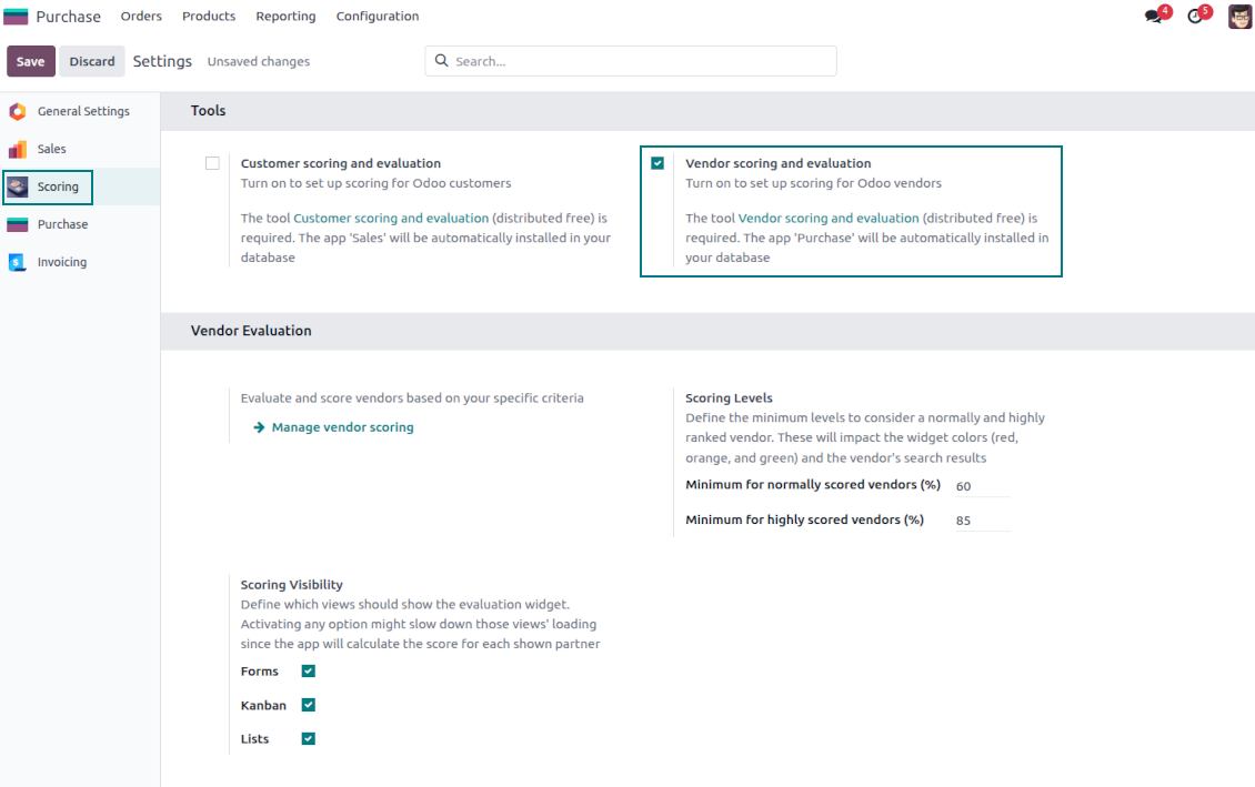 Supplier scoring configuration page