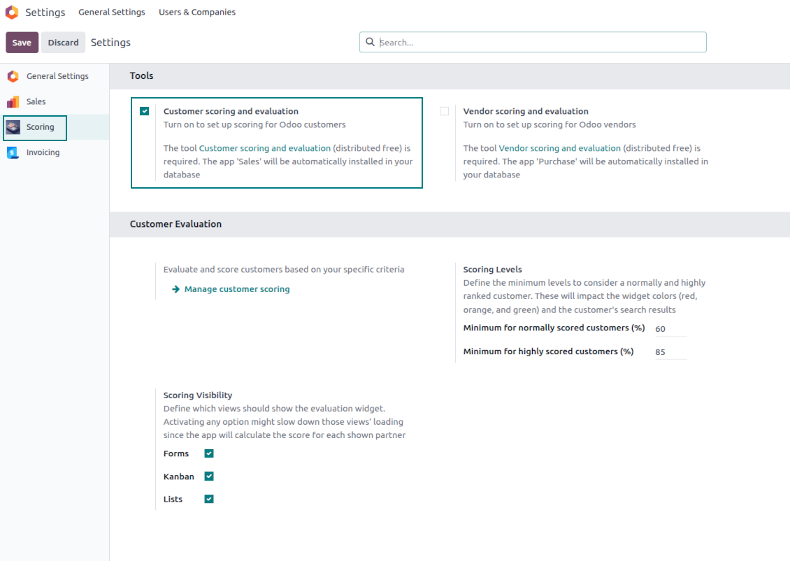 Client scoring configuration page