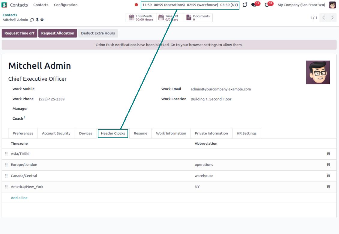 Odoo user clock widget per user