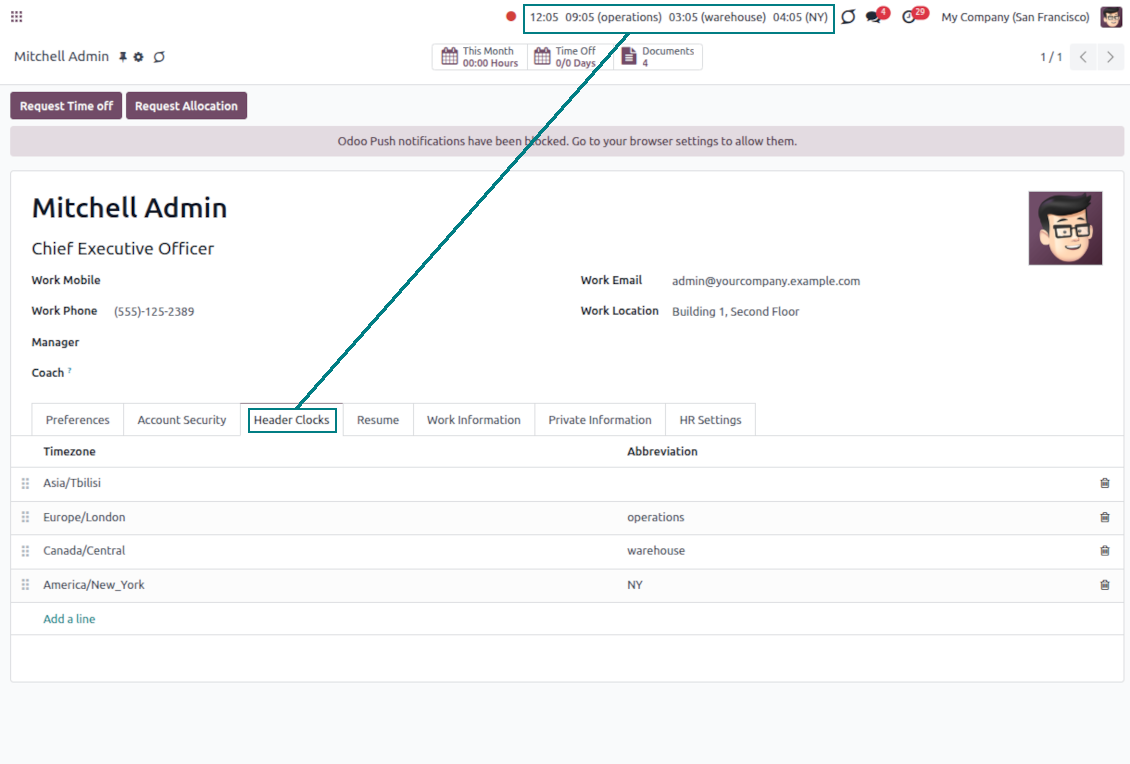 Odoo user clock widget per user