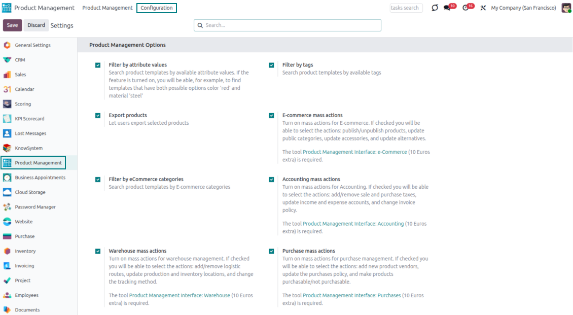Product management optional features