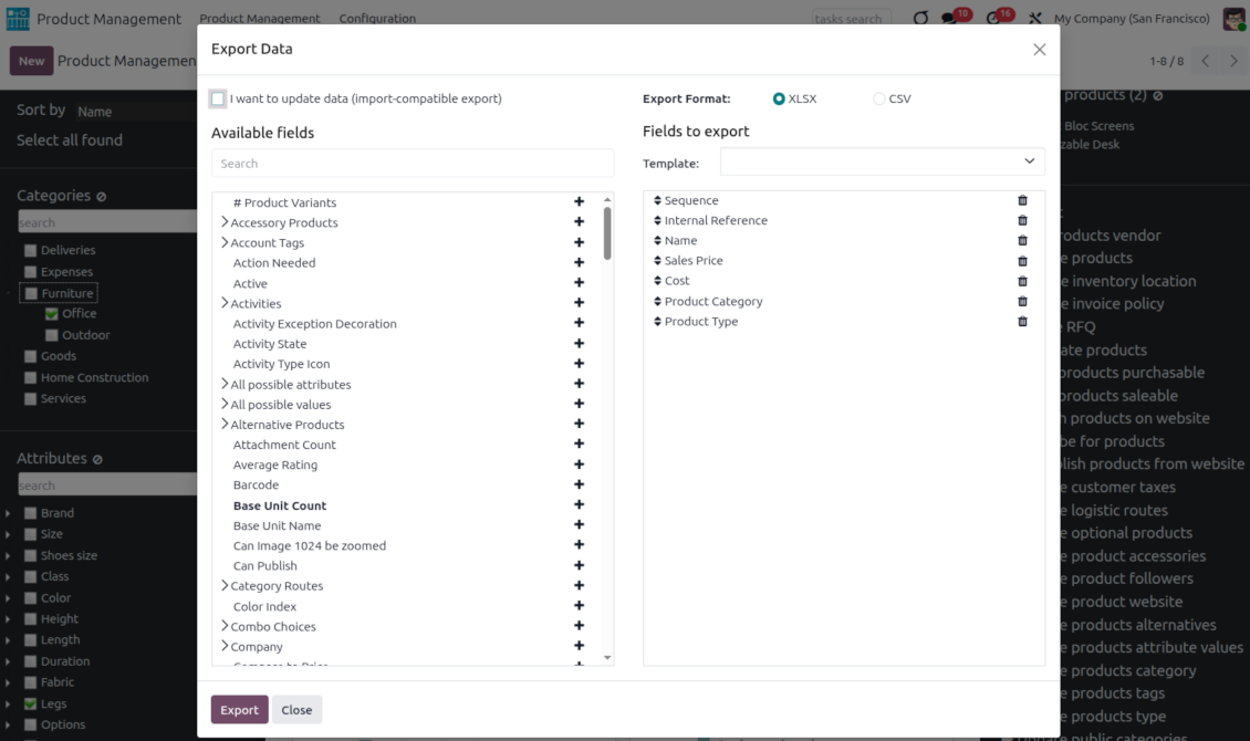 Export selected product templates
