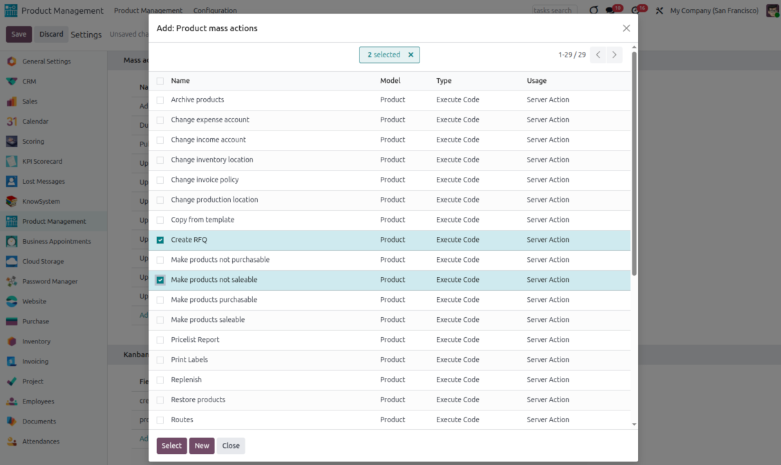 List of actions for product management