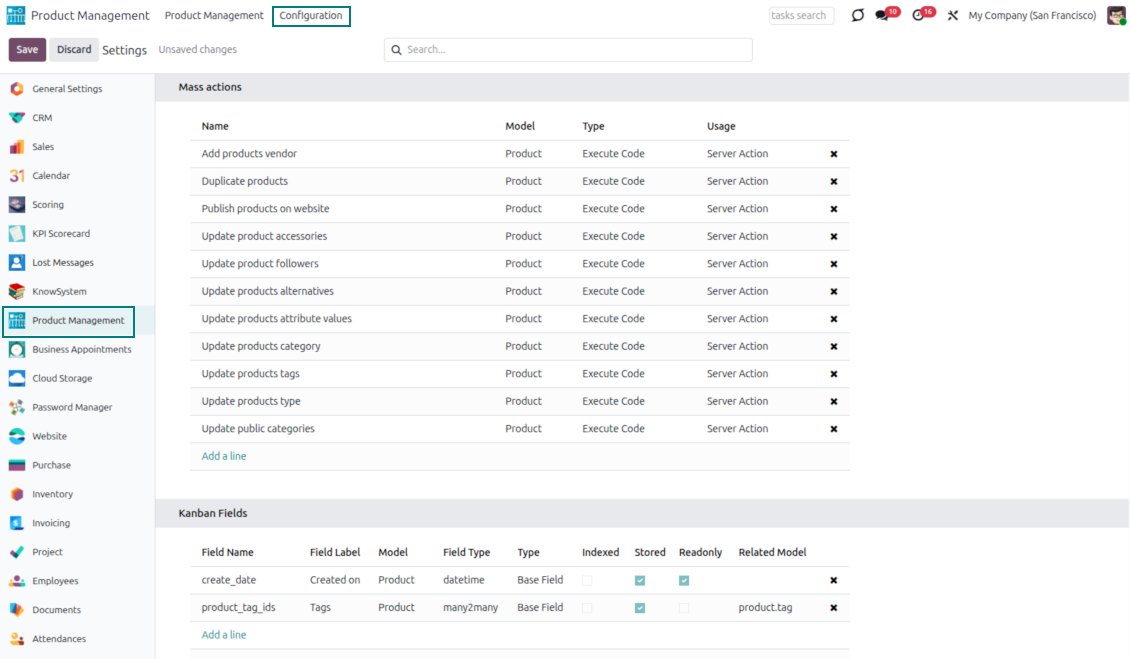 Set up mass actions and fields for product templates