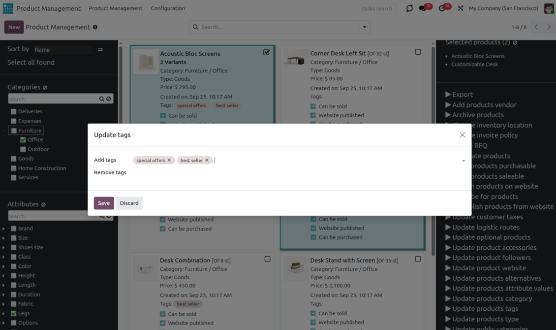 Products quick tags editing