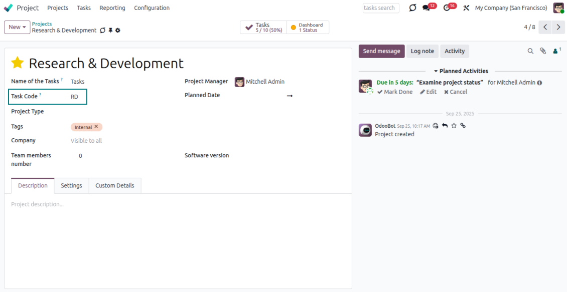 Project code in tasks' sequence