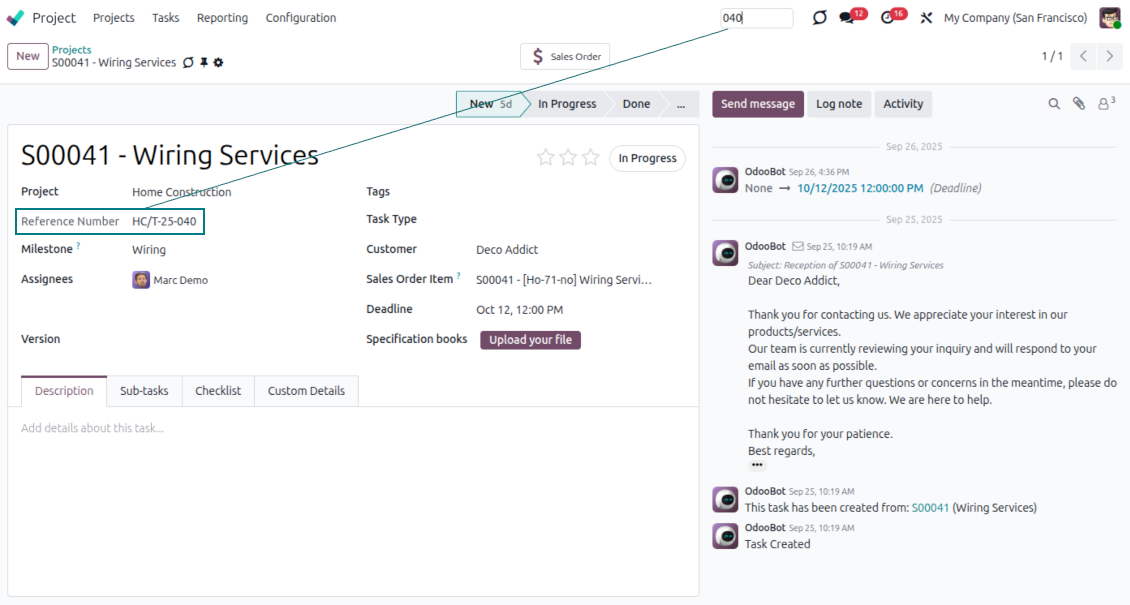 The quick search for Odoo tasks by number