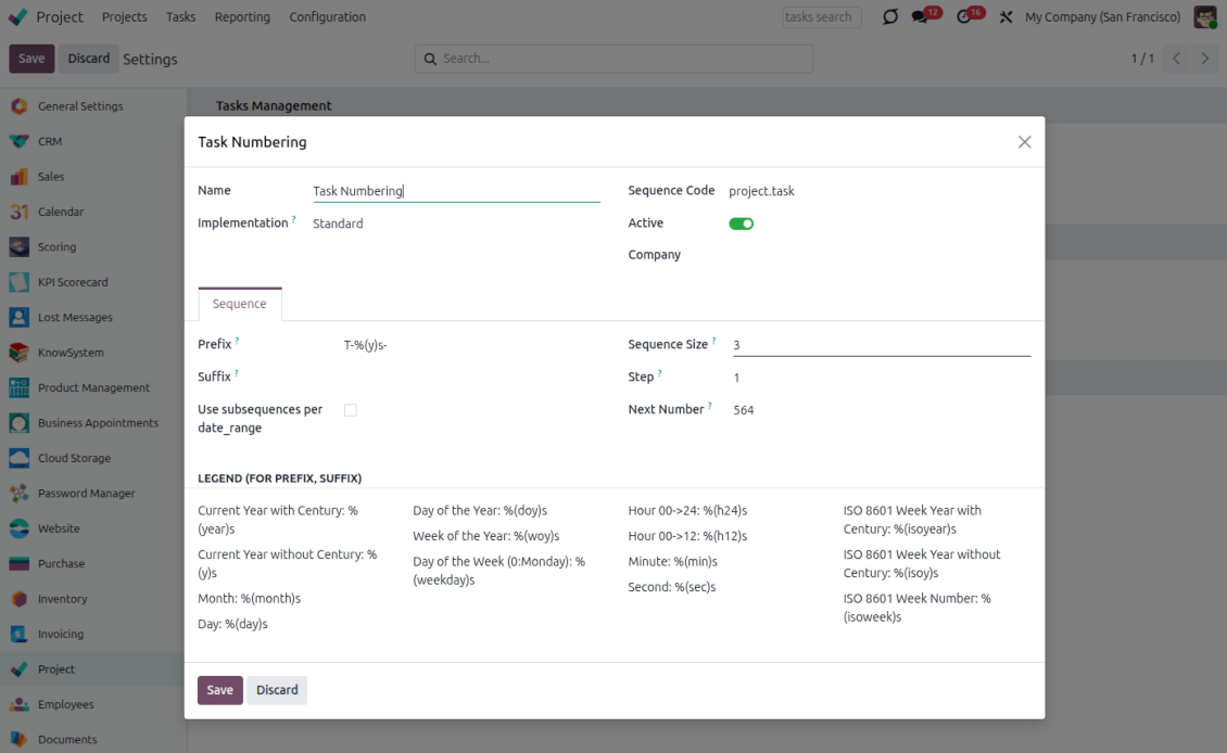 Project tasks: Odoo sequence