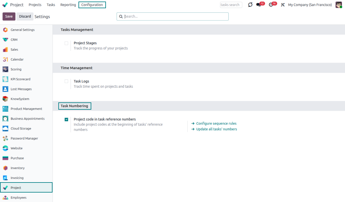 Odoo tasks' numbers configuration